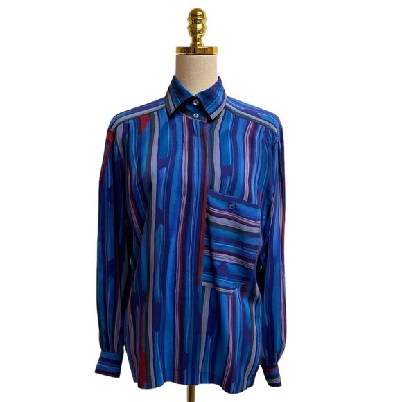 Escada Margaretha Ley Blue Red Stripe Silk LS Blouse W. Germany - Size 34